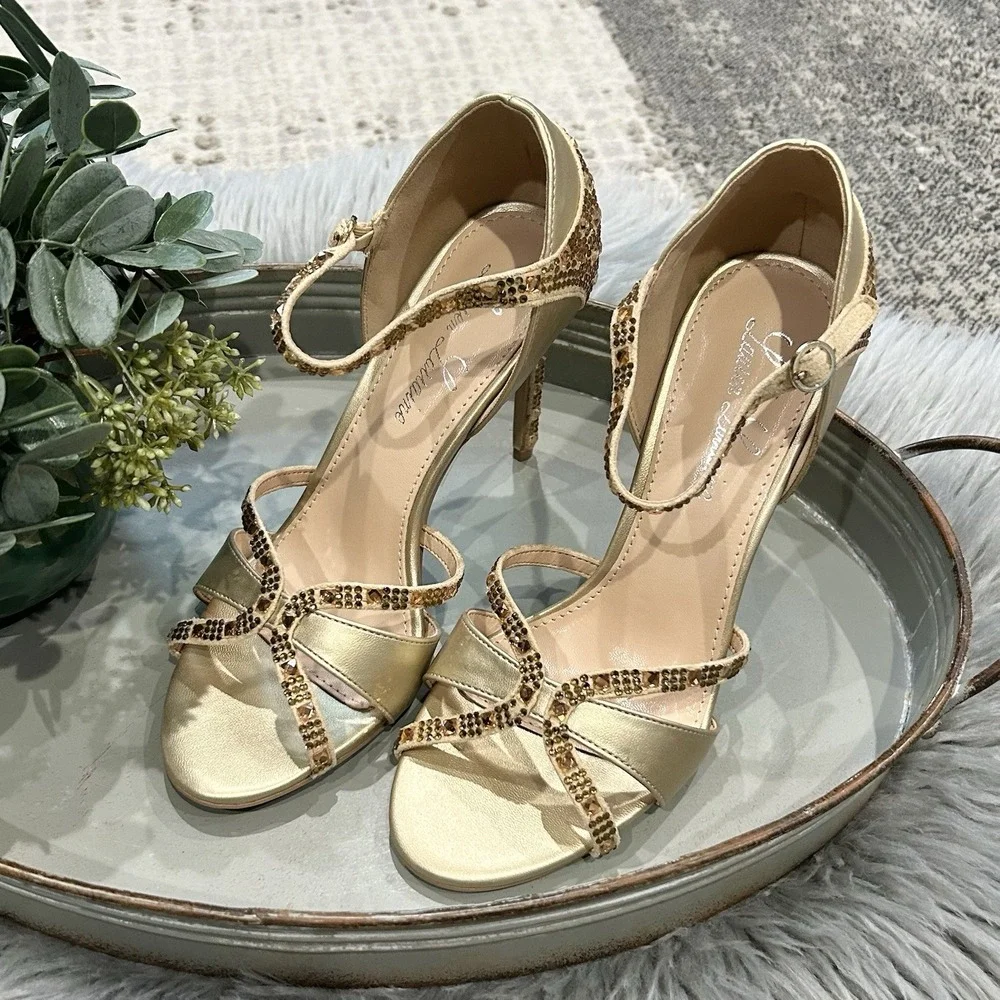 Lauren Lorraine Womens Gold Daisey Embellished Heels Sandals Dress Shoe Size 6.5